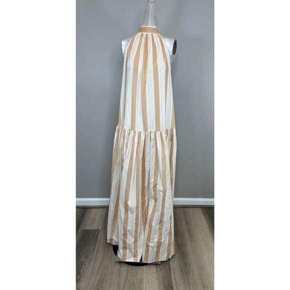 NWT Staud Marlowe Striped Halter Tie Neck Sleeveless Midi Dress Tan White Small - Picture 5 of 10